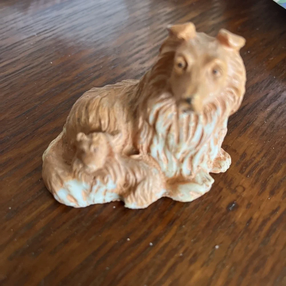 Vintage Plaster Collie DogAnd Puppy,Figurine,H2